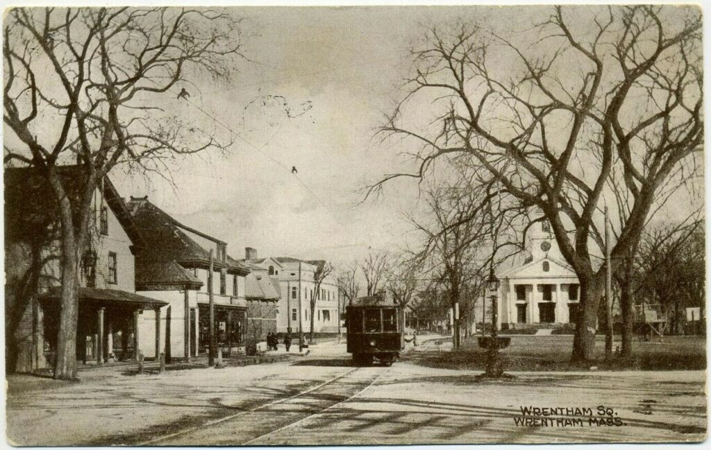 Vintage postcard of Wrentham Square with large elm trees, Wrentham, Massachusetts, 1907